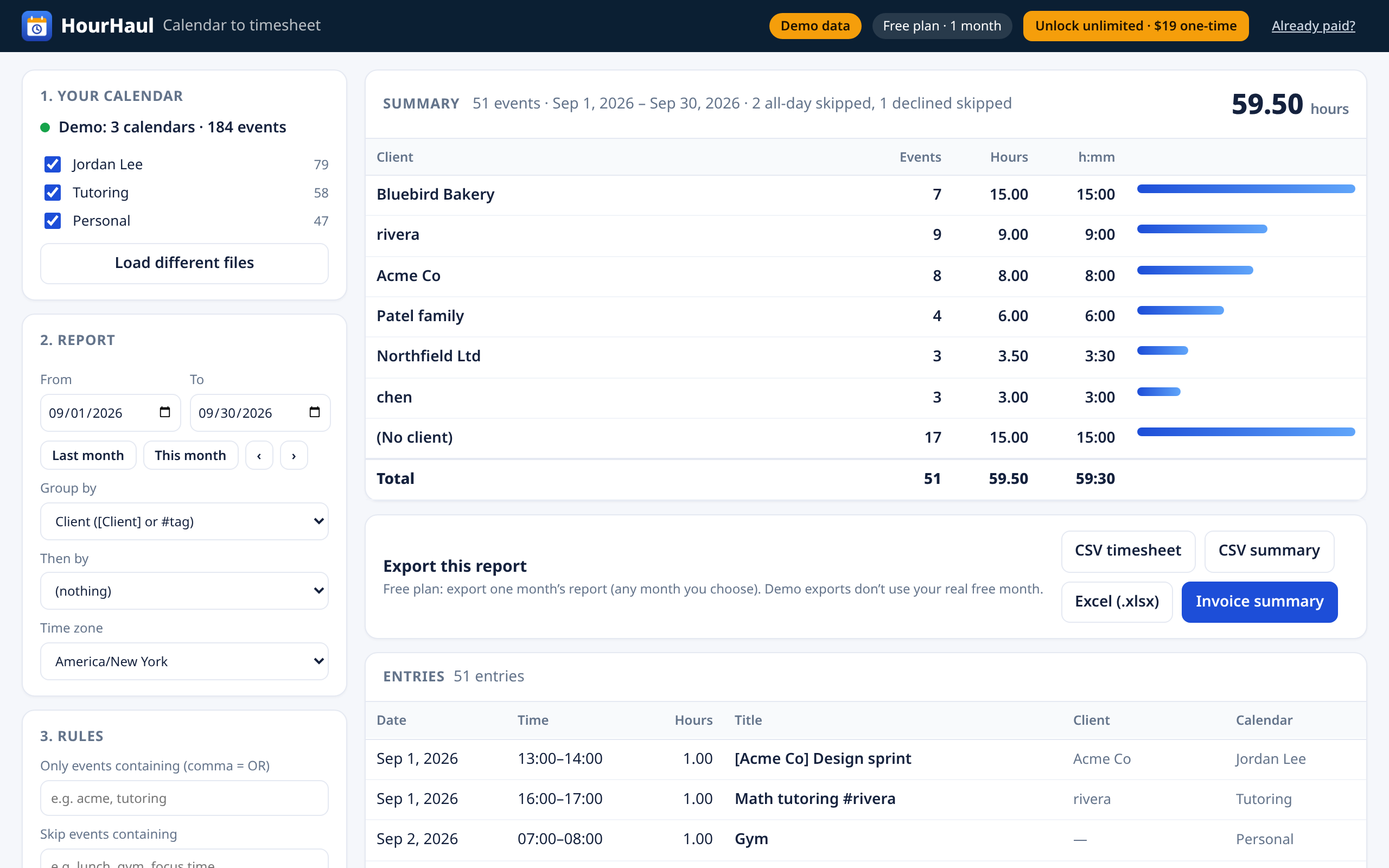 HourHaul showing hours per client for September from a demo calendar, with export buttons for CSV, Excel and an invoice summary