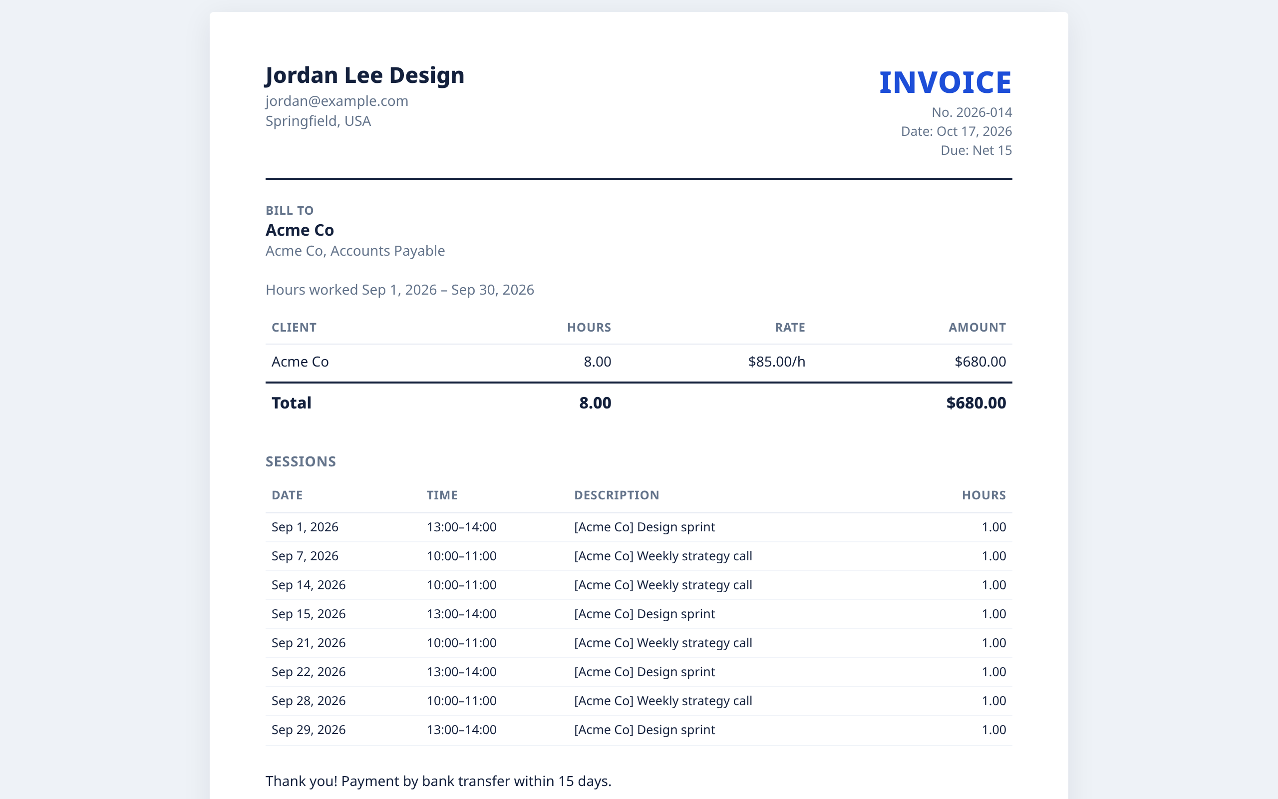 Printable invoice summary with hours, hourly rate and amount for a client, and a list of sessions